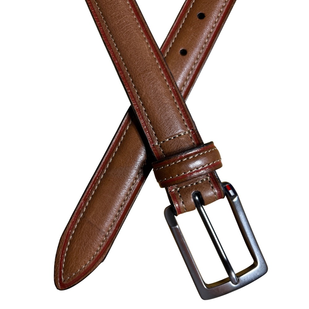 Tommy Hilfiger Mens‎ Brown Leather Belt Red Edge Detail Size 34 (34"-30") EUC